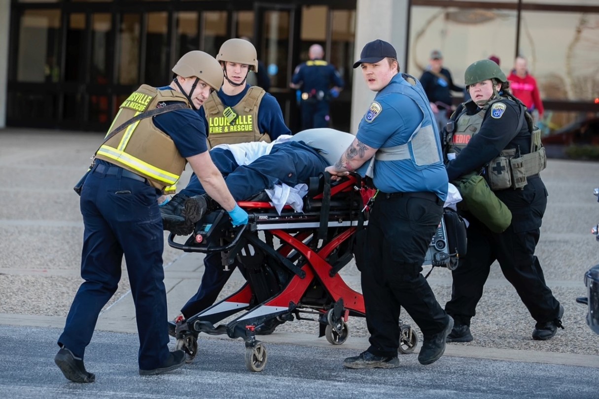 On February 29, 2024, during a FLETC training scenario Louisville Fire / Rescue practiced responding and coordinating with law enforcement to save the wounded. 