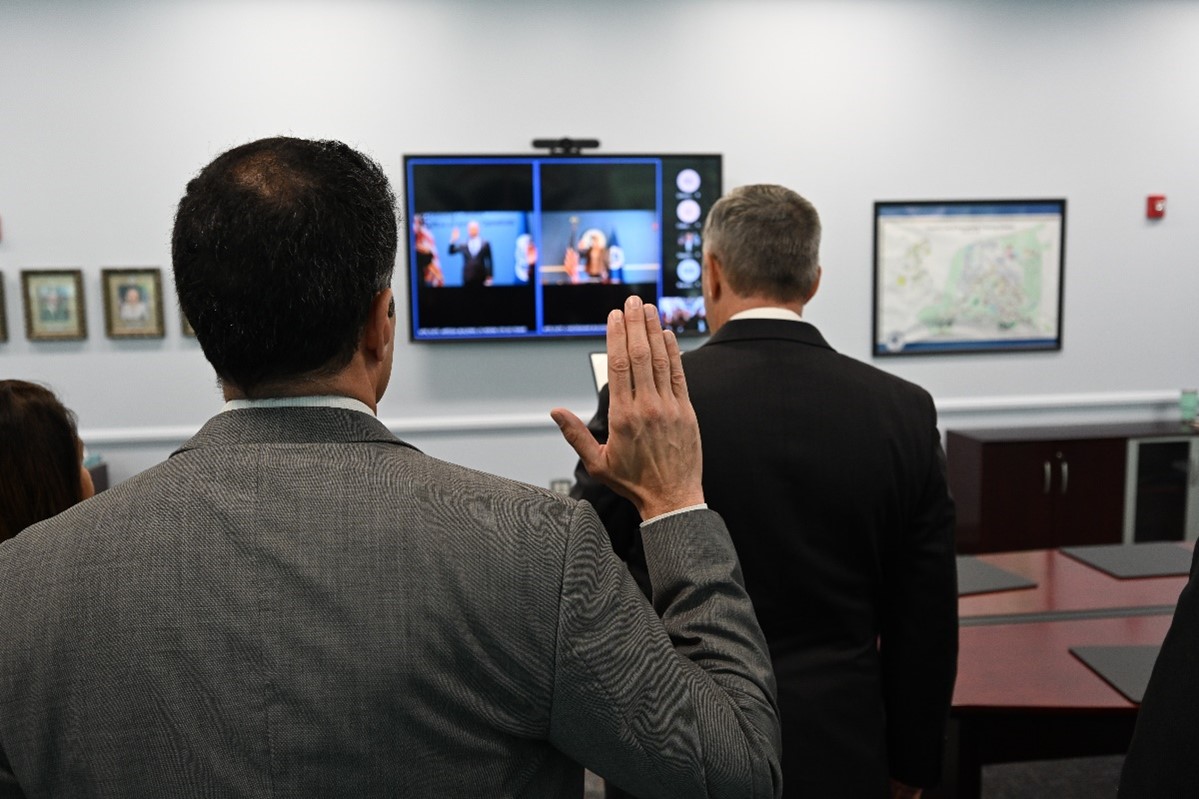 Director Huffman swears in Site Directors Pellegrini and Price virtually on March 25, 2024. (Photo by Rob Gwin, FLETC OPA)
