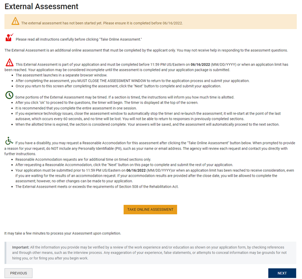 External Assessment Landing page