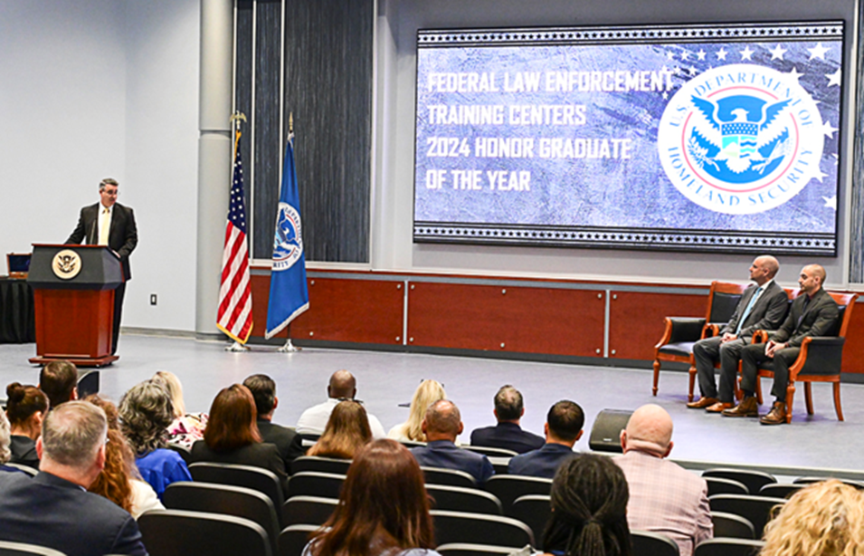 Acting FLETC Director Paul E. Baker delivers remarks recognizing the Honor Graduate Award recipient during the Honor Graduate of the Year Ceremony, in Glynco, Ga., May 29, 2025. (FLETC OPA/David Tucker)