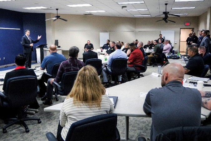 Deputy Director Kaizad J. Munshi warmly welcomes the Department of Homeland Security Leadership Academy Session 19 participants, highlighting the Federal Law Enforcements Training Centers commitment to delivering top-tier training for law enforcement professionals, on April 22, 2024, in Glynco, Ga. (FLETC OPA/Brandon Spragins)