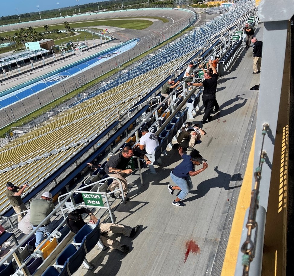 Homestead Police Department, City of Miami Police Department, and Florida Fish and Wildlife Conservation law enforcement officers respond to a practical exercise during the FLETC Active Shooter Threat Training Program at Homestead-Miami Speedway, May 18, 2022, in Homestead, Florida. (Photo by Lori Flynn/FLETC OPA)