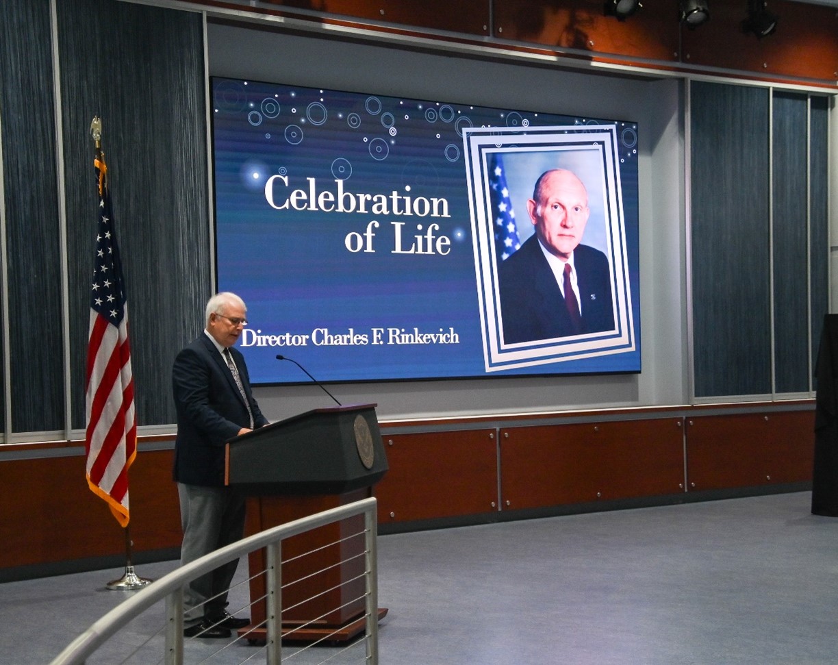 Billy Brooks, former FLETC Senior Policy Advisor, served as the Master of Ceremonies during the Celebration of Life Ceremony for Former Director Charles F. Rinkevich, June 4, 2025, Glynco GA (Photo by Diamond Sanders/OPA)