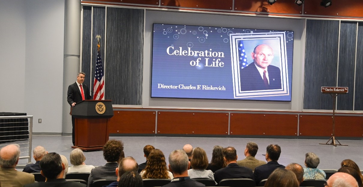 Acting Director Paul E. Baker delivered remarks at the Celebration of Life Ceremony for Former FLETC Director Charles F. Rinkevich, June 4, 2025, Glynco GA (Photo by David Tucker/OPA)