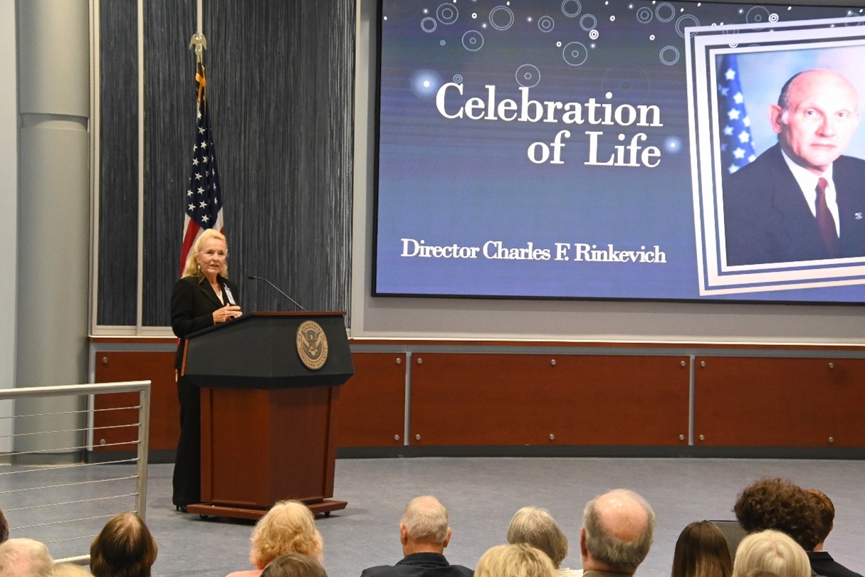 Former Director Connie Patrick delivered remarks at the Celebration of Life Ceremony for Former Director Charles F. Rinkevich, June 4, 2025, Glynco GA (Photo by David Tucker/OPA)
