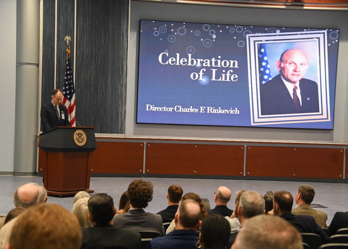 Joseph Rinkevich delivered remarks during his Uncle’s Celebration of Life Ceremony, June 4, 2025, Glynco GA (Photo by David Tucker/OPA)