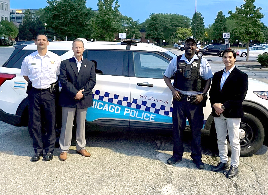 Left to Right – Chicago PD Commander Ralph Cruz Chicago, FLETC SLTD Division Chief Skeet Brewer, Officer Kataka Page, and FLETC Senior Instructor David Lau in Chicago at the FLETC Resiliency Training on May 24, 2022.