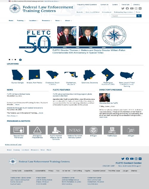 FLETC Website Home page within desktop browser.