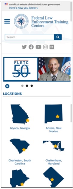 FLETC mobile view of the home page for FLETC.gov.