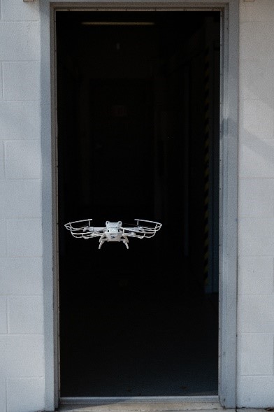 A sUAS enters a dark building in response to a call for service. (Photo by Brian M. Jones/FLETC OPA)