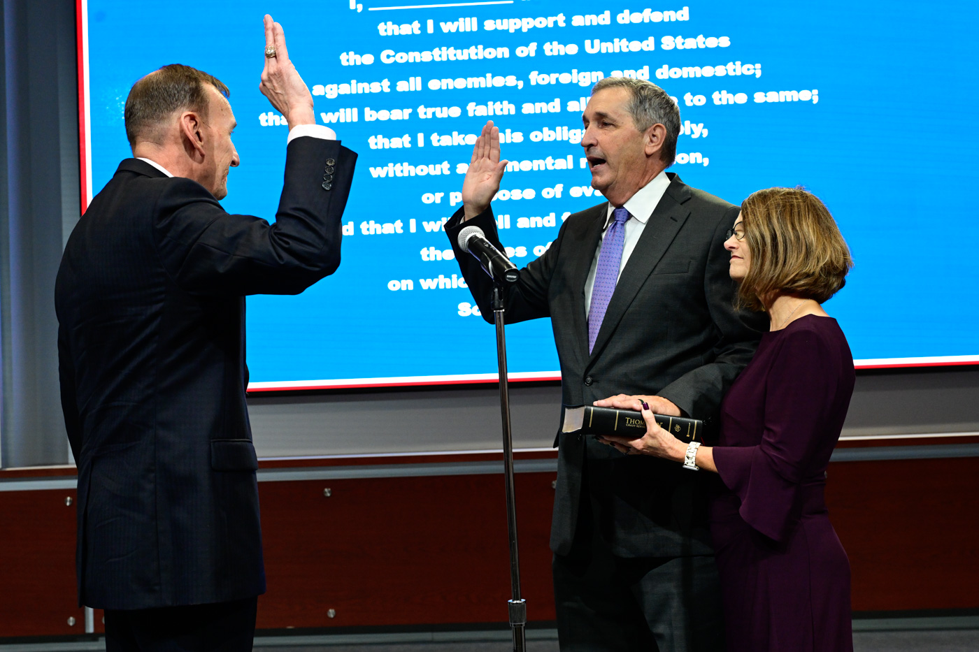 Deputy Under Secretary for Management Randolph D. Alles Administering the Oath of Office to FLETC Director Huffman at the Swearing In Ceremony at FLETC-Glynco, GA, on October 5, 2023. (Photo by David Tucker, FLETC/OPA)