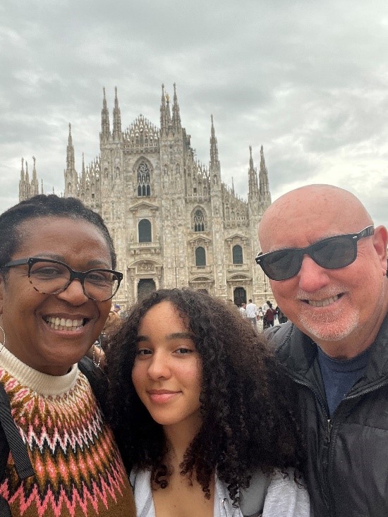 Scott Donivan with his wife and daughter in front of the Milan Cathedral in Milan, Italy. (Photo courtesy of Scott Donovan)