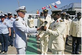 United States Coast Guard Rear Adm. Bruce Baffer transferred the vessel now known as the NNS Okpabana into the hands of the Nigerian navy on Wednesday. United States Coast Guard Rear Adm. Bruce Baffer transferred the vessel now known as the NNS Okpabana into the hands of the Nigerian navy on Wednesday.